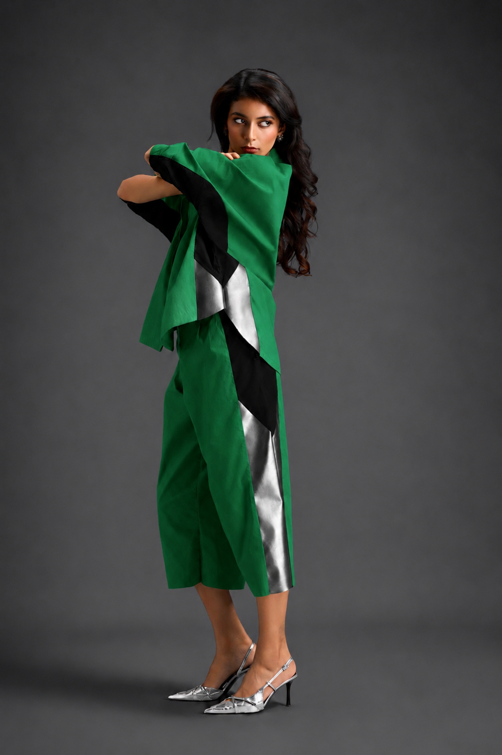 Relaxed Parrot Green Co-ord With Loose-fit Dramatic-sleeve Shirt And Wide-leg Pants With Metallic Side Panels.