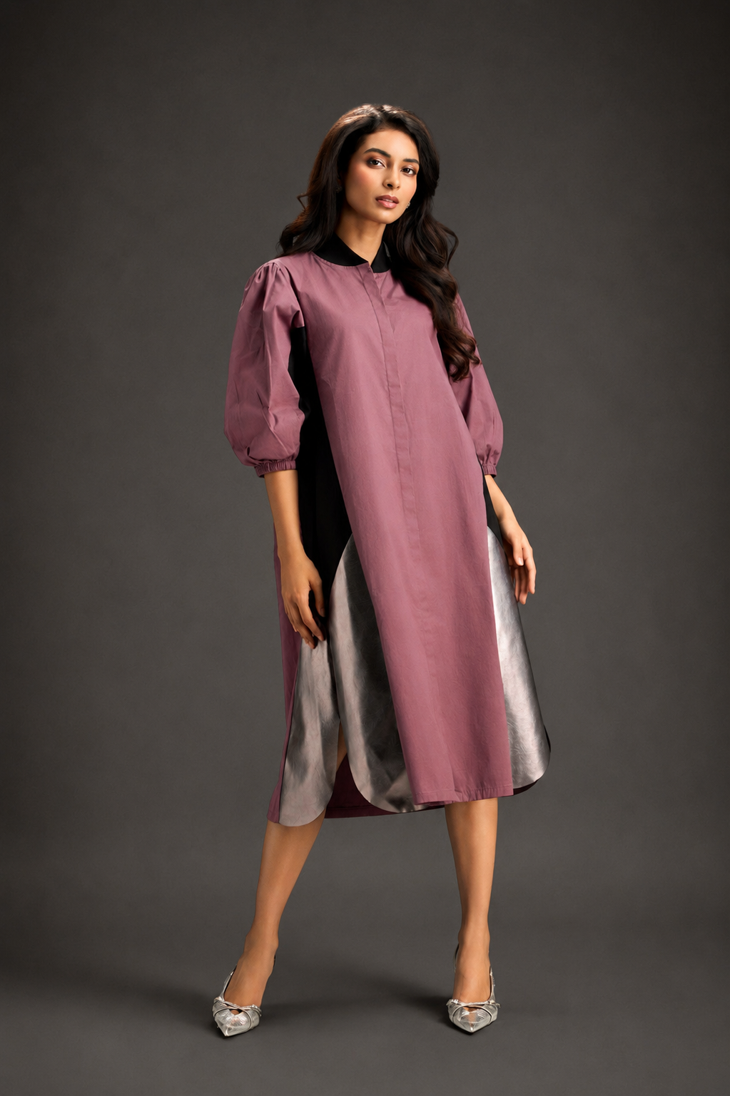 Pink Shirt Dress With Black Panels And Metallic Side Detailing