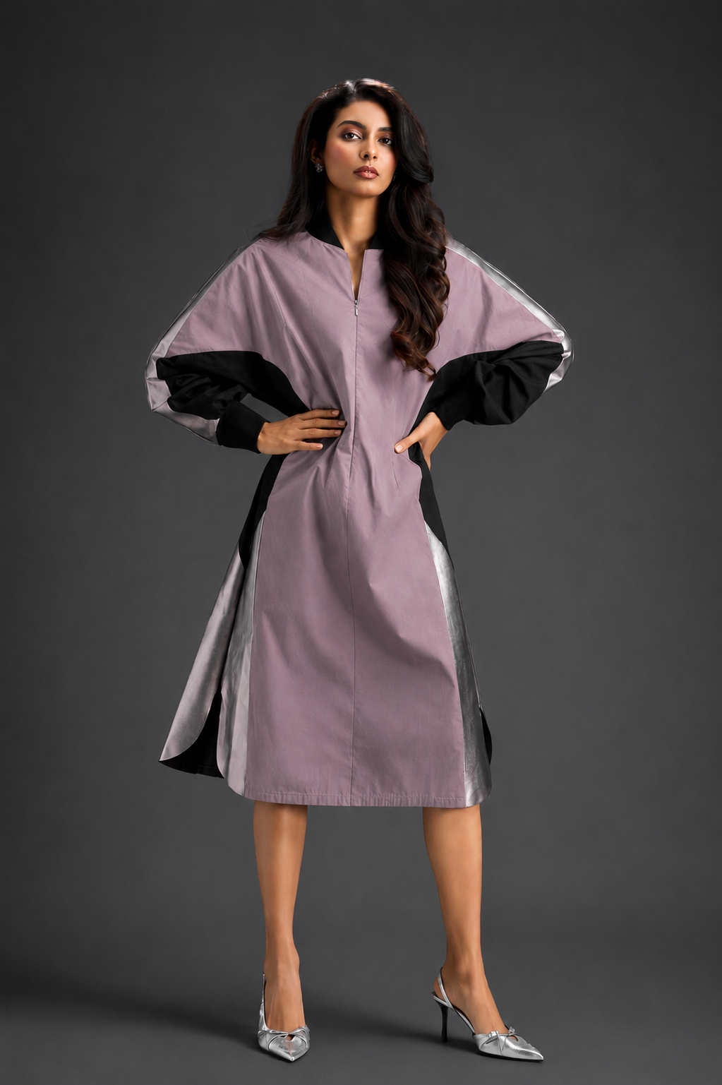 Statement Colourblock Midi Dress In Ash Pink With Contrast Metallic Silver Side Panels And Balloon Sleeves