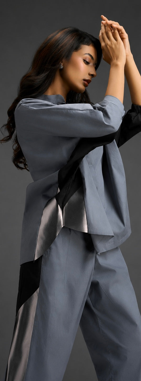 Relaxed Cool Grey Co-ord With Loose-fit Dramatic-sleeve Shirt And Wide-leg Pants With Metallic Side Panels.