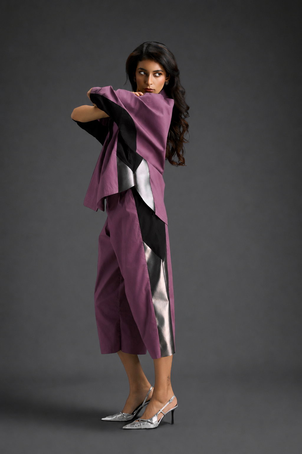 Relaxed Pink Co-ord With Loose-fit Dramatic-sleeve Shirt And Wide-leg Pants With Metallic Side Panels.