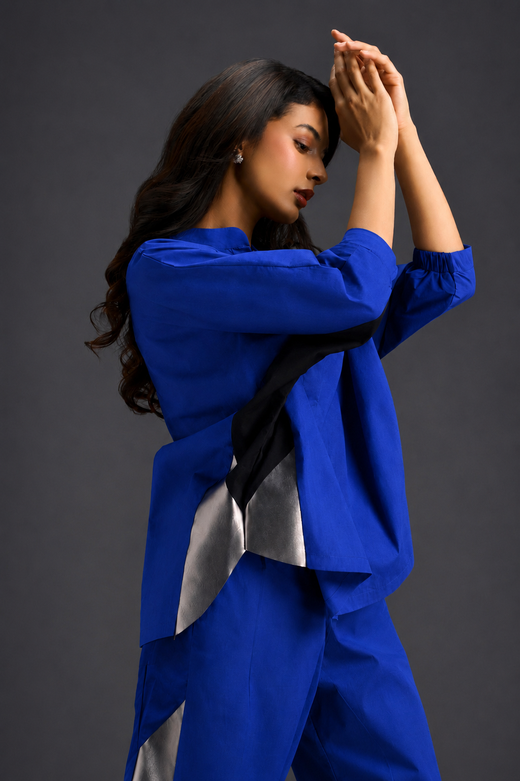 Relaxed Blue Co-ord With Loose-fit Dramatic-sleeve Shirt And Wide-leg Pants With Metallic Side Panels.