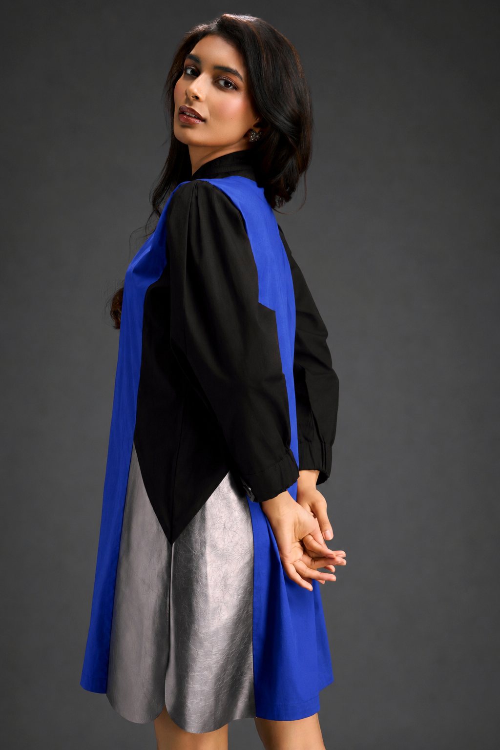 Colourblock Tunic Dress In Blue And Black With Metallic Silver Side Panels