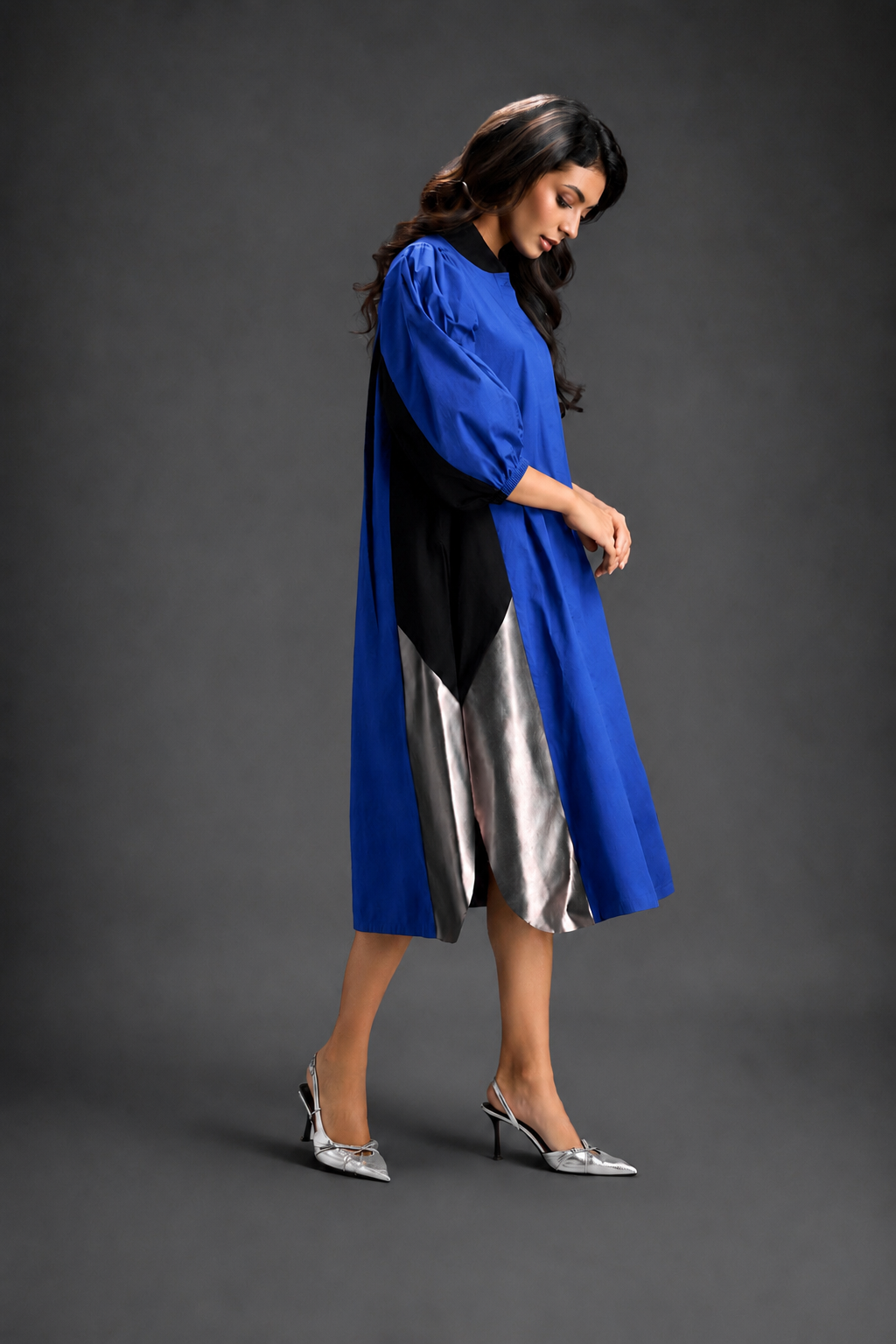 Blue Shirt Dress With Black Panels And Metallic Side Detailing