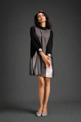 Load image into Gallery viewer, Colourblock Tunic Dress In Warm Grey And Black With Metallic Silver Side Panels
