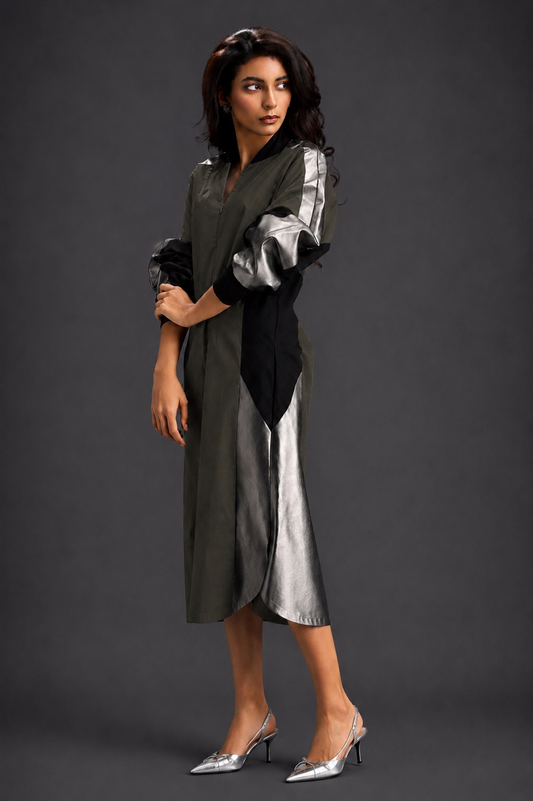 Statement Colourblock Midi Dress In Dark Green With Contrast Metallic Silver Side Panels And Balloon Sleeves