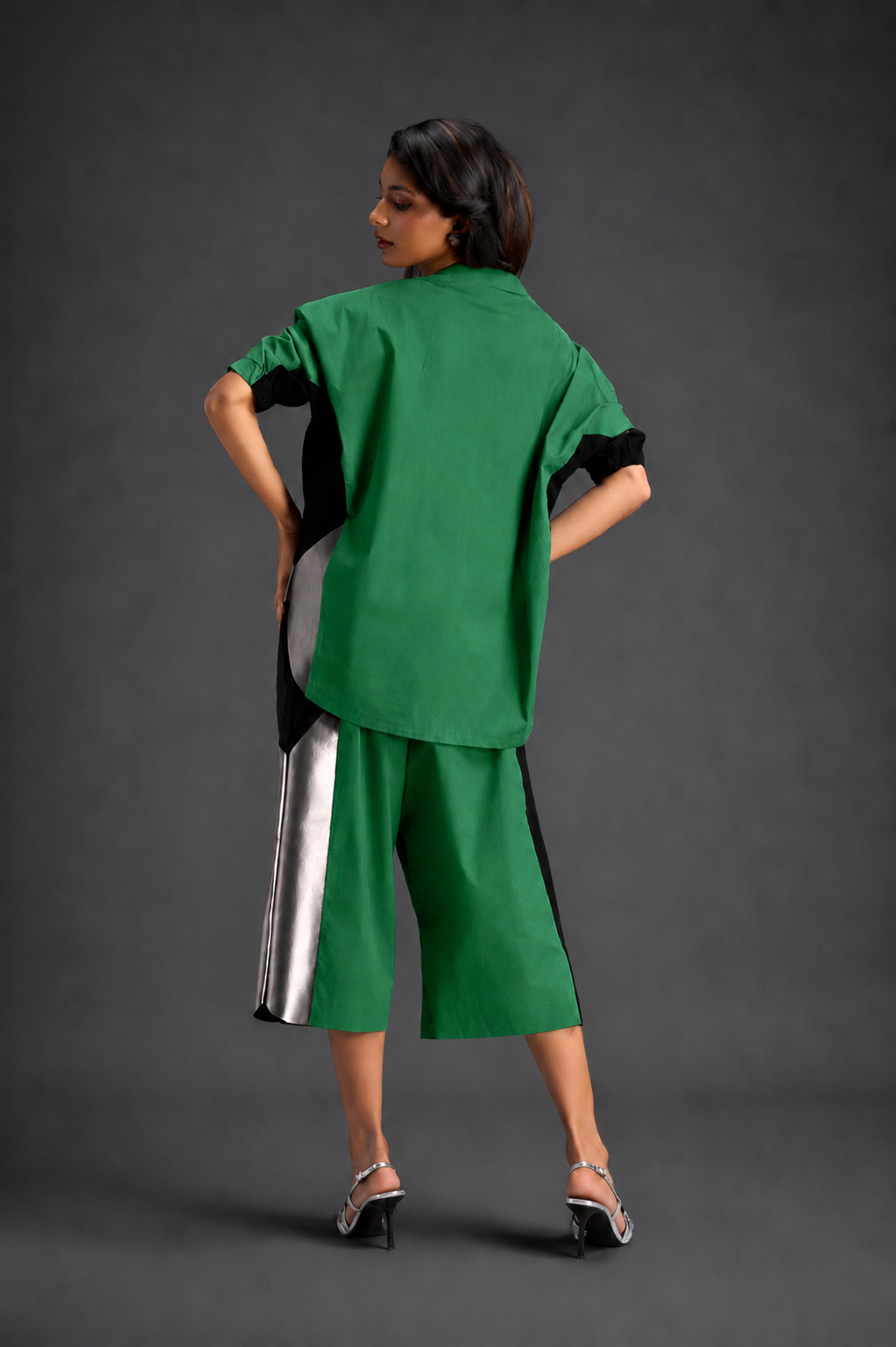 Relaxed Parrot Green Co-ord With Loose-fit Dramatic-sleeve Shirt And Wide-leg Pants With Metallic Side Panels.