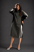 Load image into Gallery viewer, Statement Colourblock Midi Dress In Dark Green With Contrast Metallic Silver Side Panels And Balloon Sleeves

