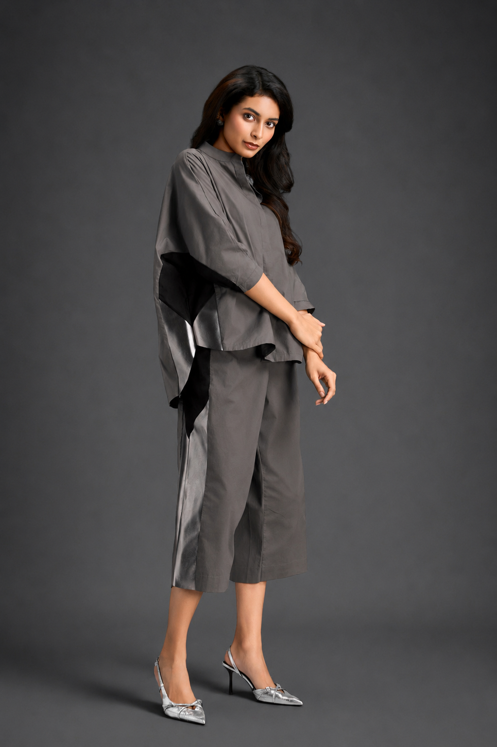Relaxed Warm Grey Co-ord With Loose-fit Dramatic-sleeve Shirt And Wide-leg Pants With Metallic Side Panels.