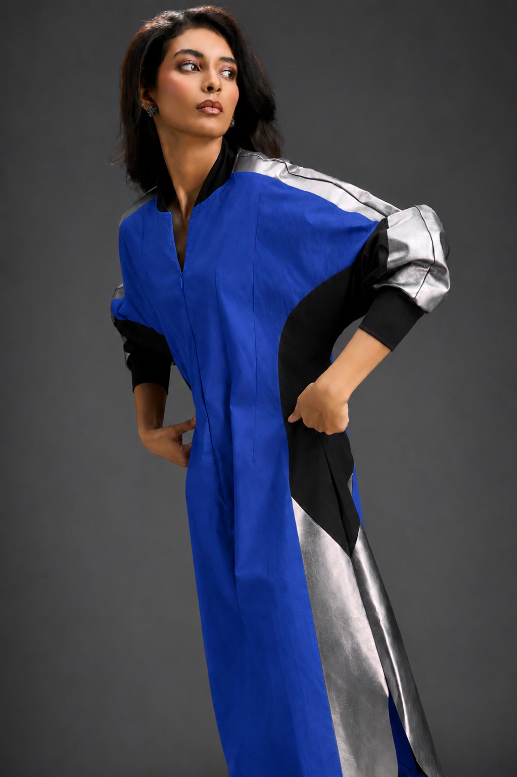 Statement Colourblock Midi Dress In Blue With Contrast Metallic Silver Side Panels And Balloon Sleeves