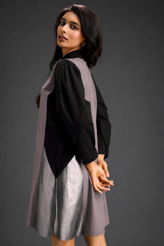 Colourblock Tunic Dress In Ash Pink And Black With Metallic Silver Side Panels