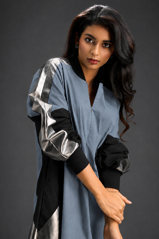 Statement Colourblock Midi Dress In Cool Grey With Contrast Metallic Silver Side Panels And Balloon Sleeves
