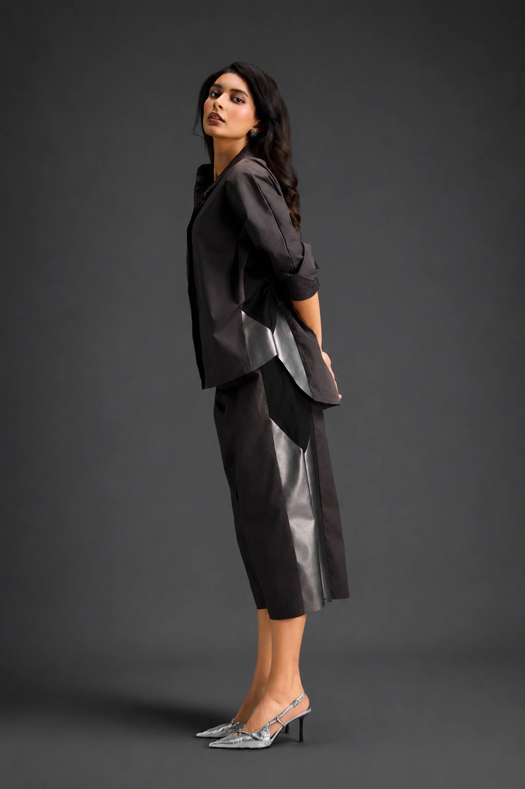 Relaxed Dark Brown Co-ord With Loose-fit Dramatic-sleeve Shirt And Wide-leg Pants With Metallic Side Panels.
