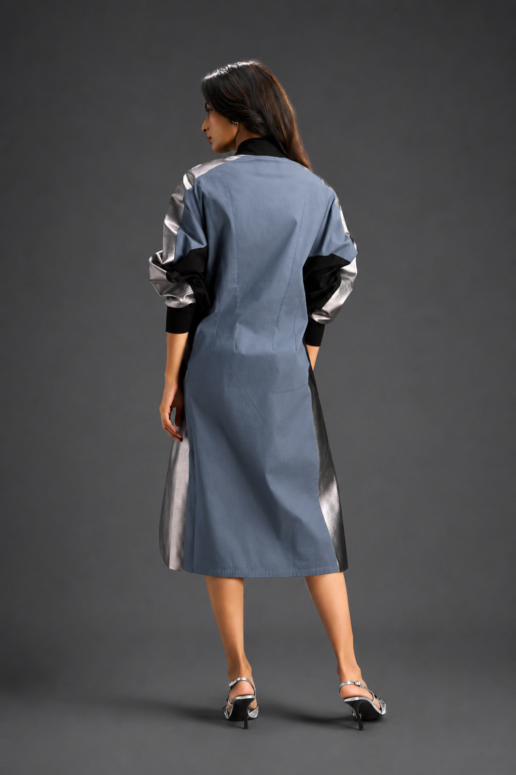 Statement Colourblock Midi Dress In Cool Grey With Contrast Metallic Silver Side Panels And Balloon Sleeves