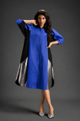 Load image into Gallery viewer, Blue Shirt Dress With Black Panels And Metallic Side Detailing
