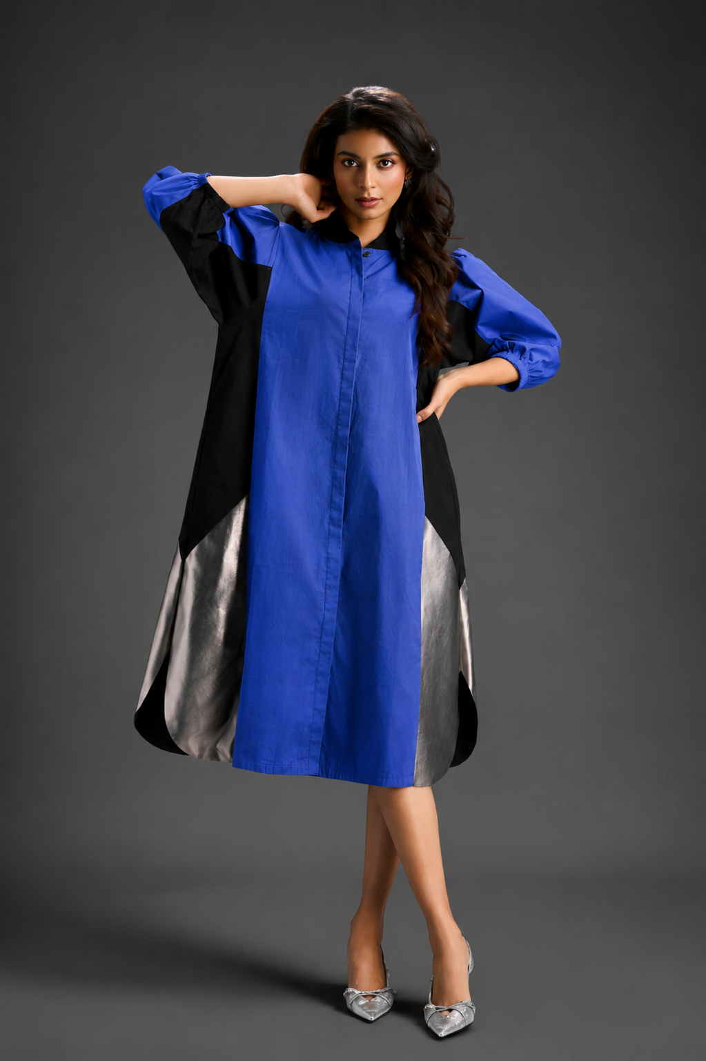 Blue Shirt Dress With Black Panels And Metallic Side Detailing