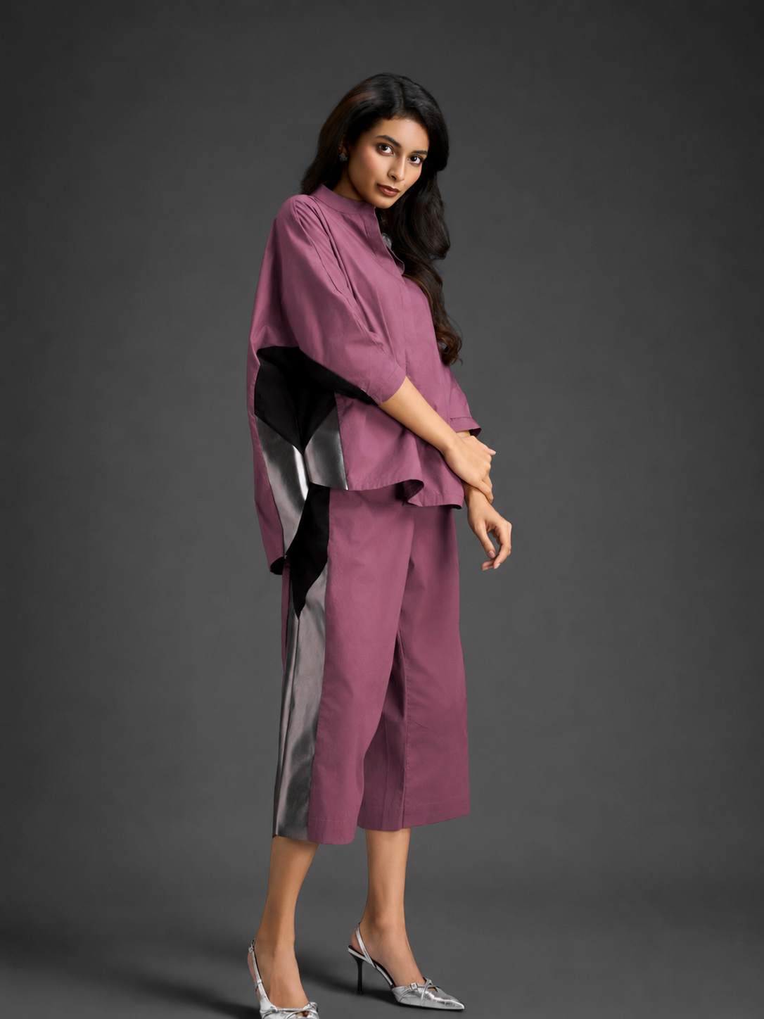 Relaxed Pink Co-ord With Loose-fit Dramatic-sleeve Shirt And Wide-leg Pants With Metallic Side Panels.