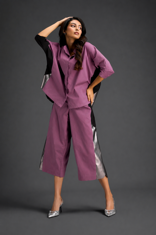 Relaxed Pink Co-ord With Loose-fit Dramatic-sleeve Shirt And Wide-leg Pants With Metallic Side Panels.