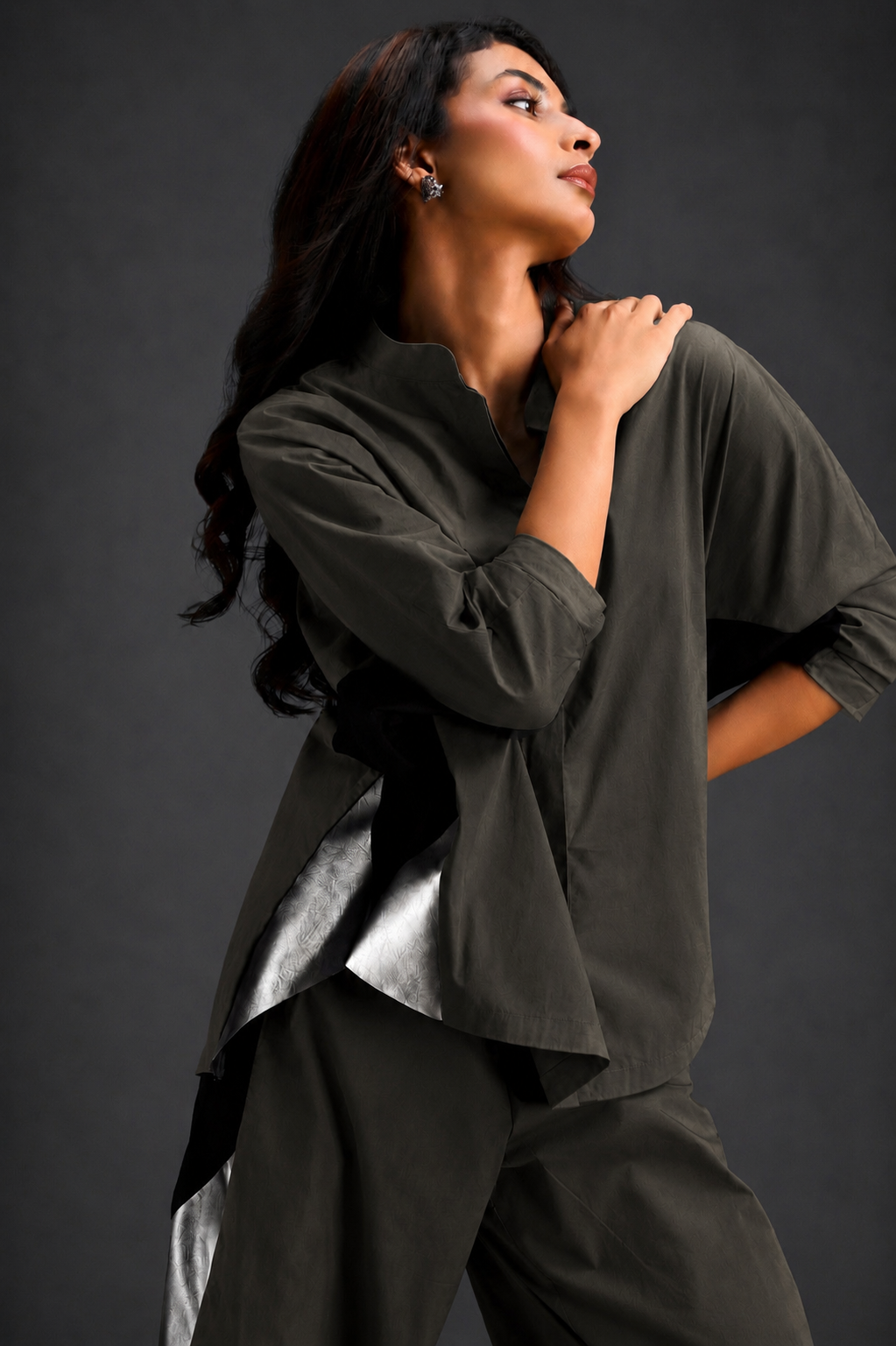 Relaxed Dark Green Co-ord With Loose-fit Dramatic-sleeve Shirt And Wide-leg Pants With Metallic Side Panels.