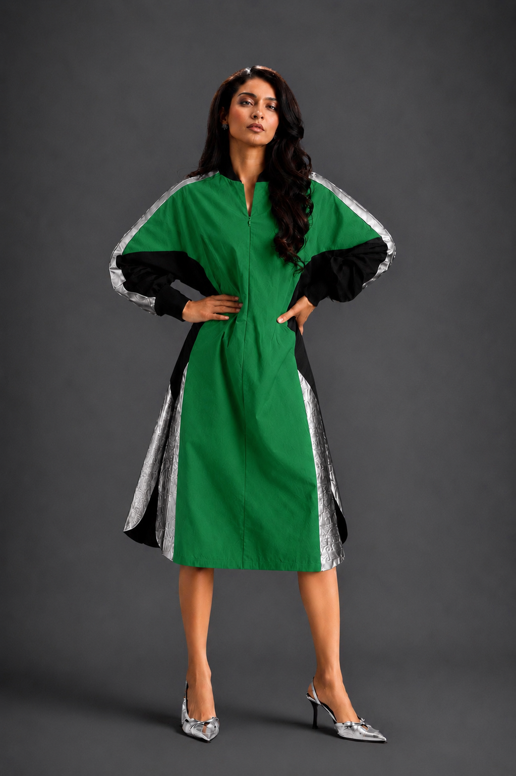 Statement Colourblock Midi Dress In Parrot Green With Contrast Metallic Silver Side Panels And Balloon Sleeves