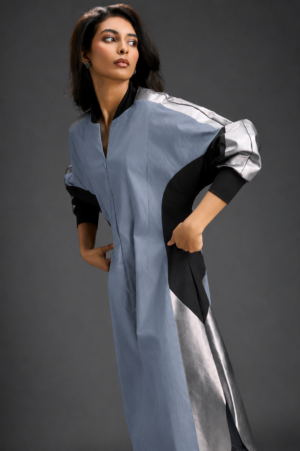 Statement Colourblock Midi Dress In Cool Grey With Contrast Metallic Silver Side Panels And Balloon Sleeves