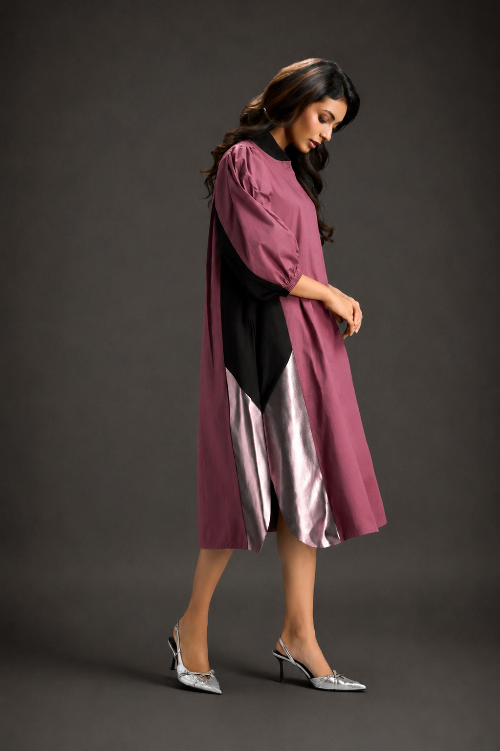 Pink Shirt Dress With Black Panels And Metallic Side Detailing