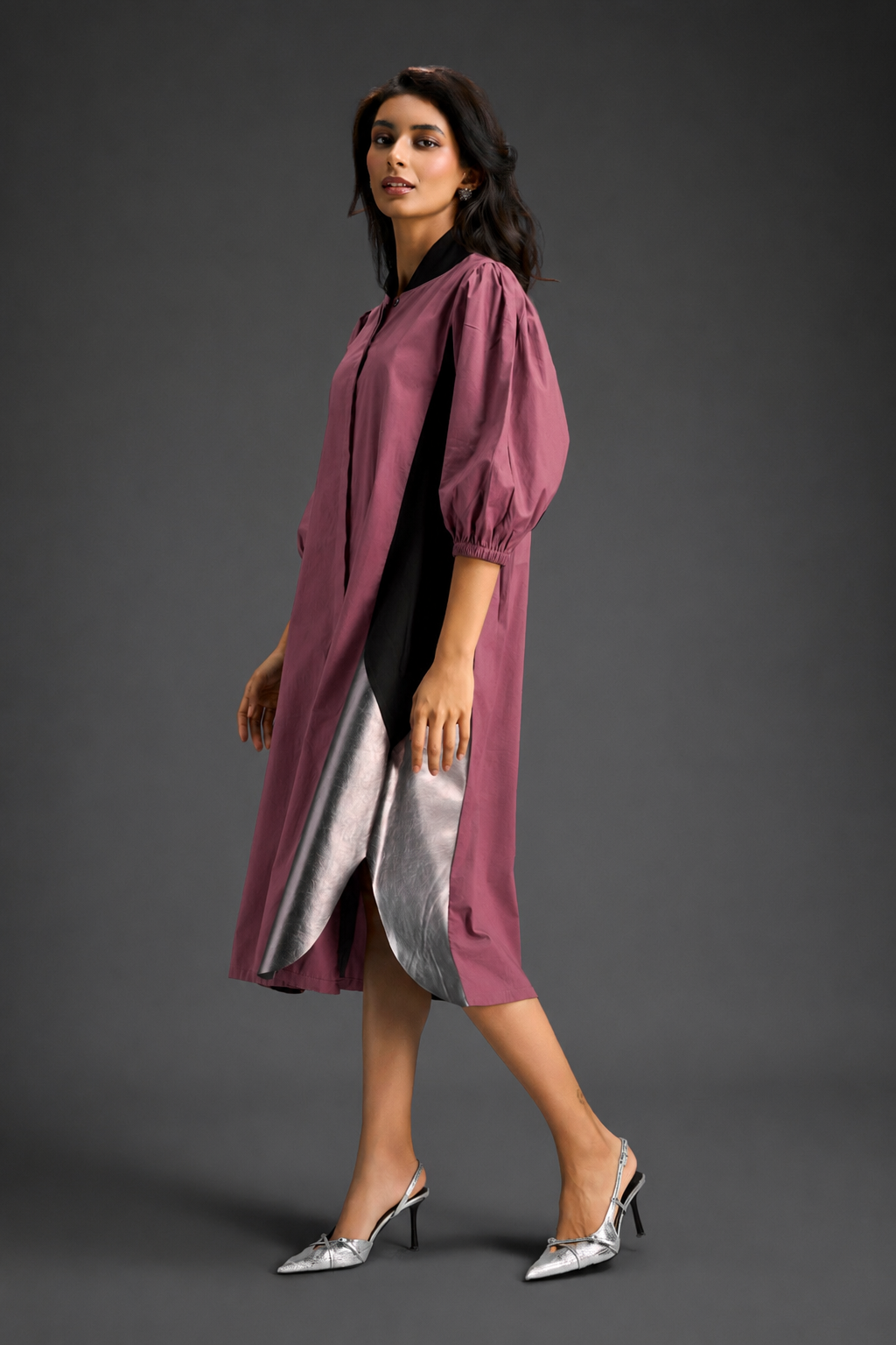 Pink Shirt Dress With Black Panels And Metallic Side Detailing