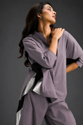 Load image into Gallery viewer, Relaxed Ash Pink Co-ord With Loose-fit Dramatic-sleeve Shirt And Wide-leg Pants With Metallic Side Panels.
