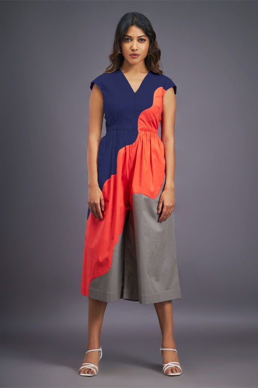 Navy Blue Orange Relax Fit Backless Jumpsuit