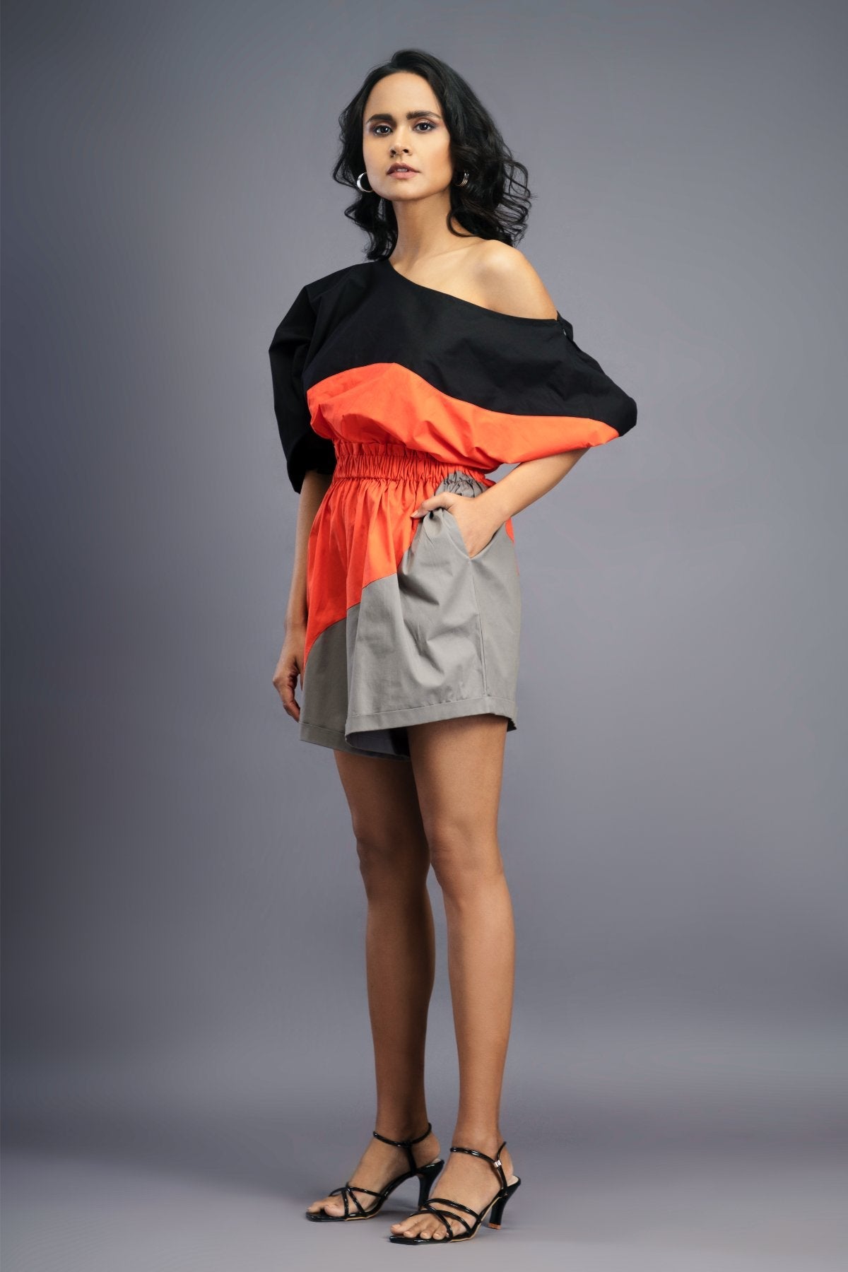 Black Orange One Shoulder Playsuit