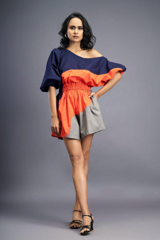 Navy Blue Orange One Shoulder Playsuit