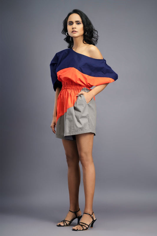 Navy Blue Orange One Shoulder Playsuit