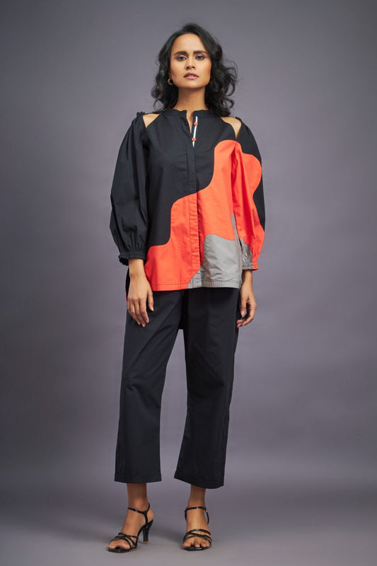 Black Orange Shirt With Shoulder Cut Detail