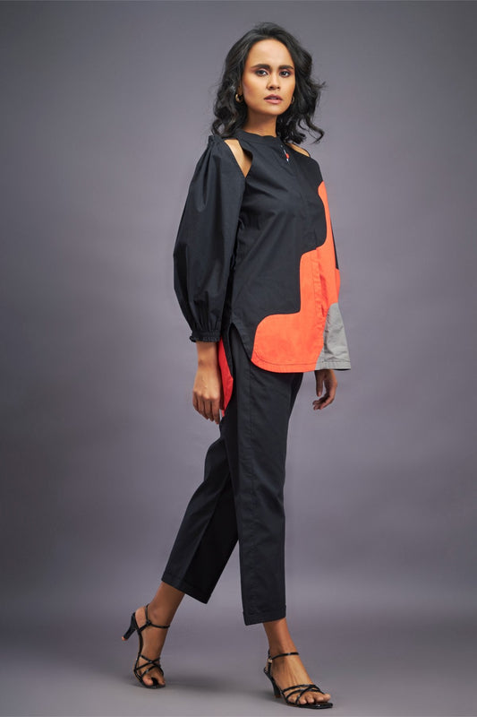 Black Orange Shirt With Shoulder Cut Detail