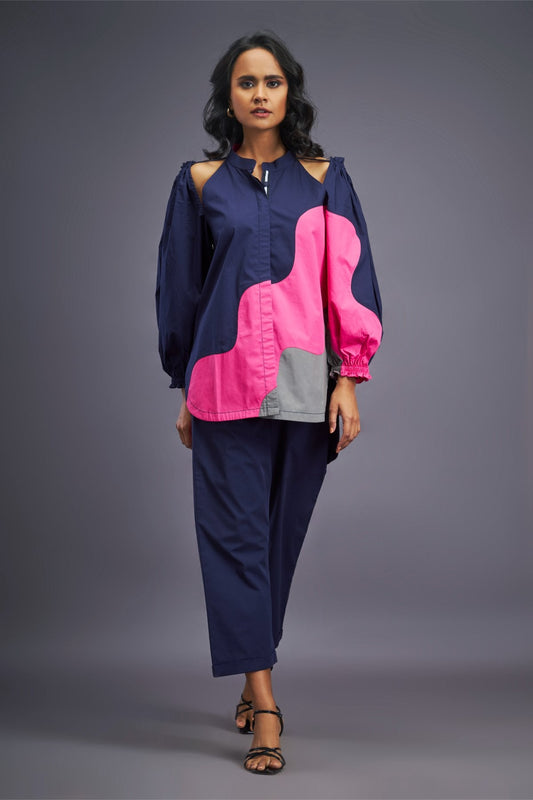 Navy Blue Pink Shirt With Shoulder Cut Detail