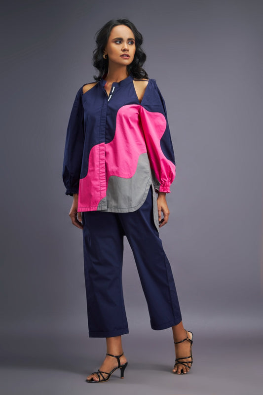 Navy Blue Pink Shirt With Shoulder Cut Detail