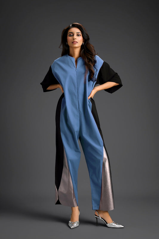 Blue Metallic Colorblock Jumpsuit