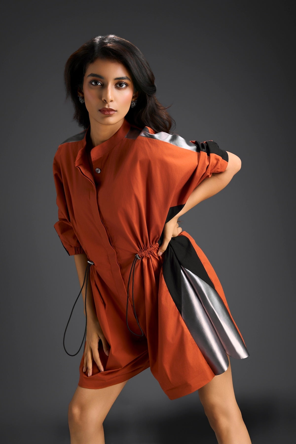 Rust Drawstring Shirt Romper