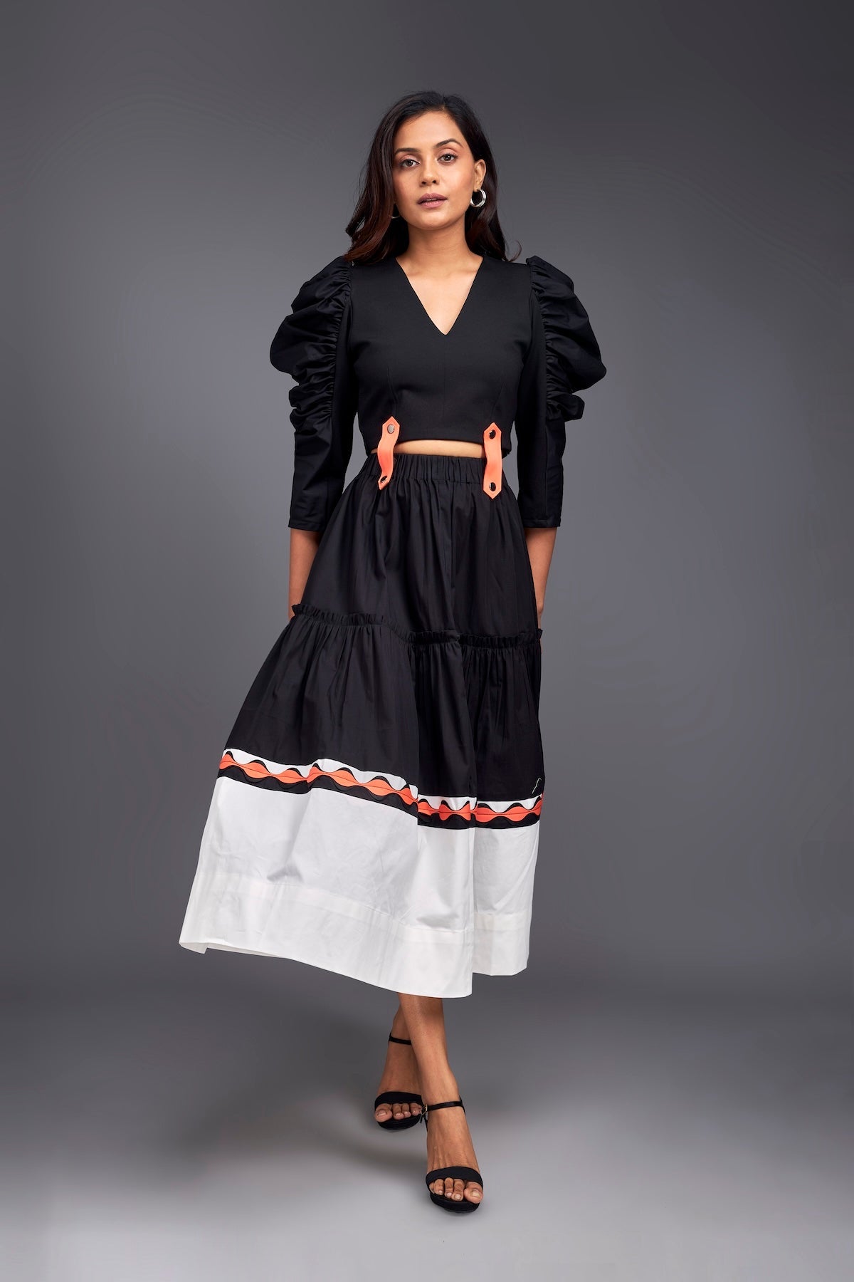 Black & White Colour Block Flared Bottom Skirt & Top With Neon Elements