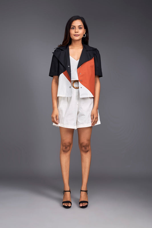 Colour Block Crop Shirt With Shorts Co-ord Set