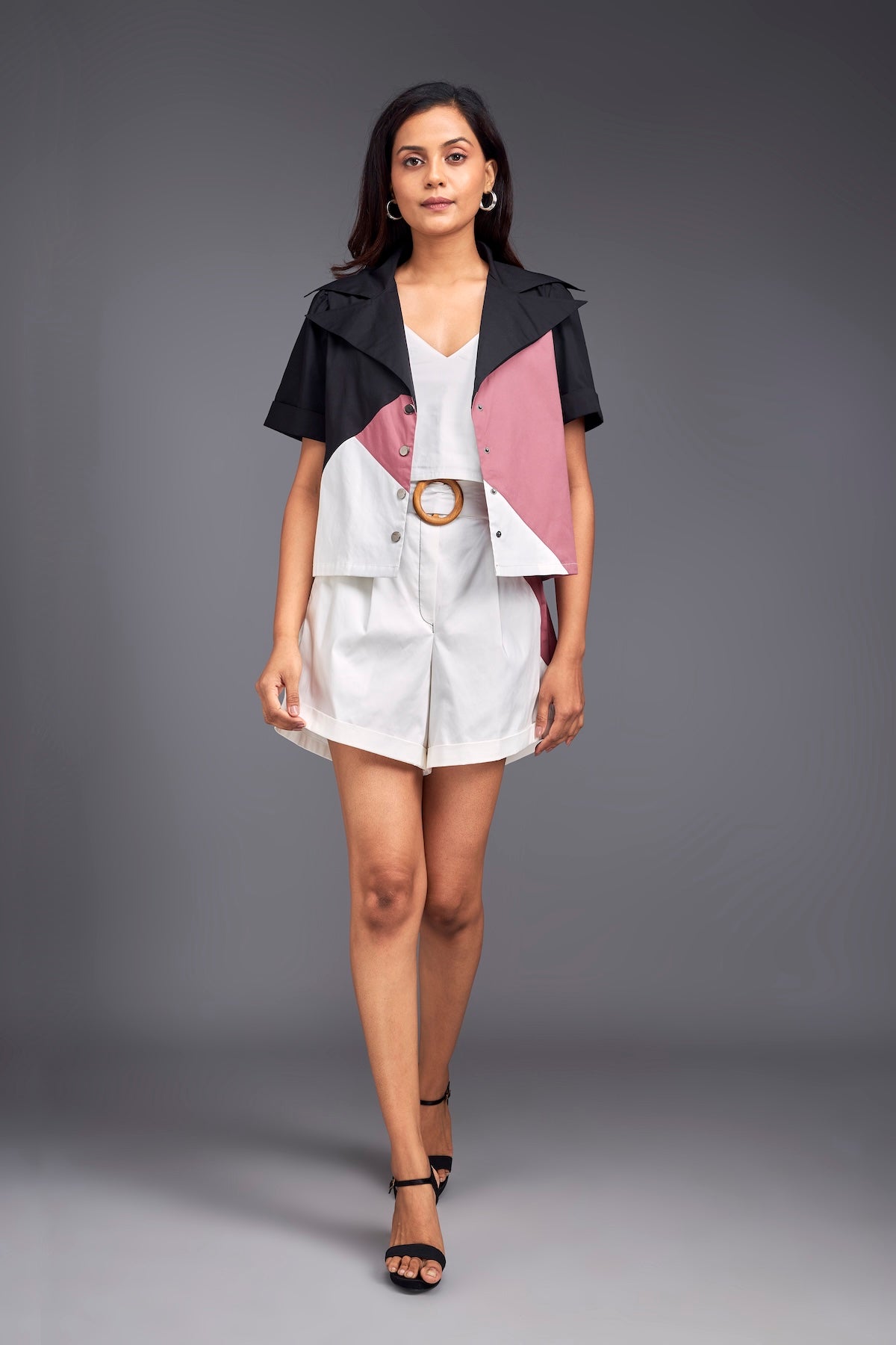 Colour Block Crop Shirt With Shorts Co-ord Set