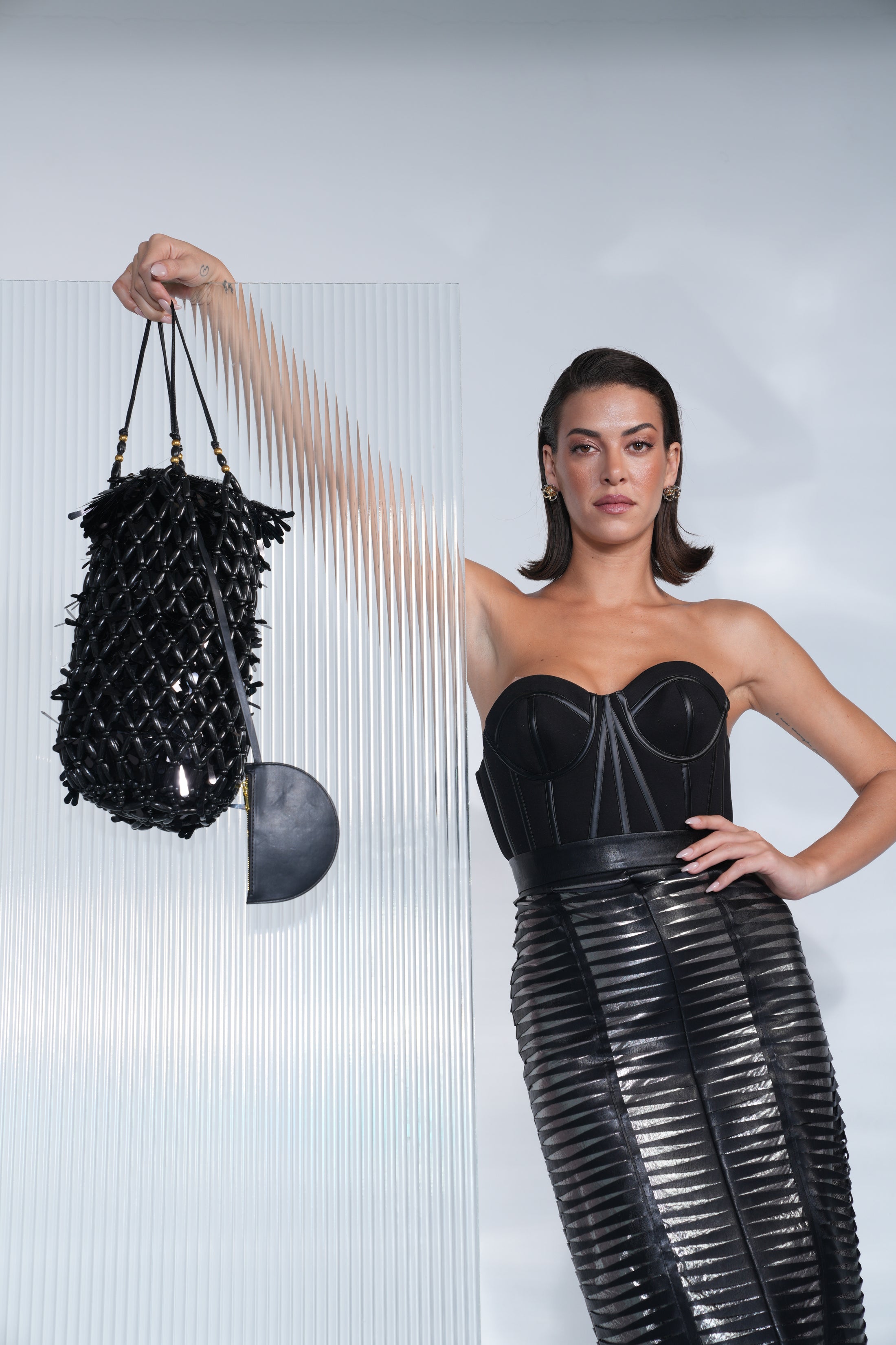 Noir Lattice Beaded Bucket Bag