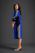 Load image into Gallery viewer, Statement Colourblock Midi Dress In Blue With Contrast Metallic Silver Side Panels And Balloon Sleeves
