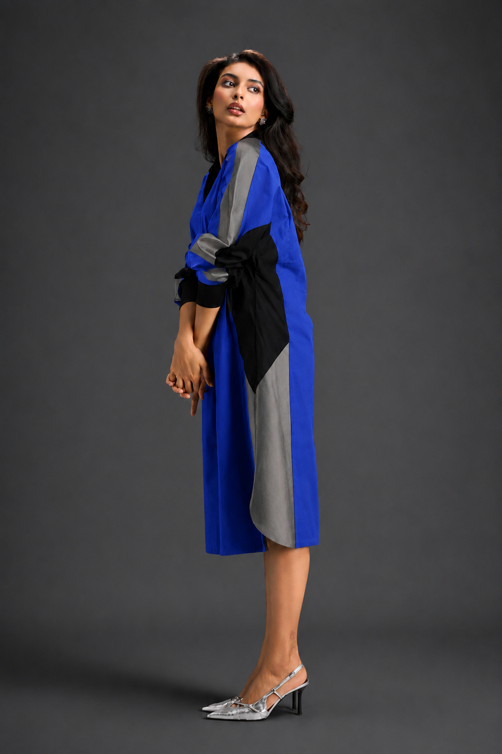 Statement Colourblock Midi Dress In Blue With Contrast Metallic Silver Side Panels And Balloon Sleeves