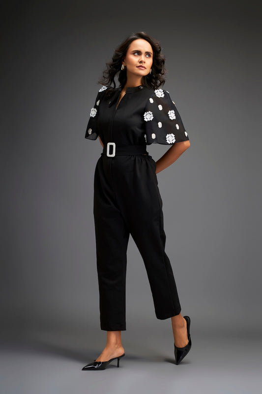 Black Embroidered Sleeves Jumpsuit With Belt