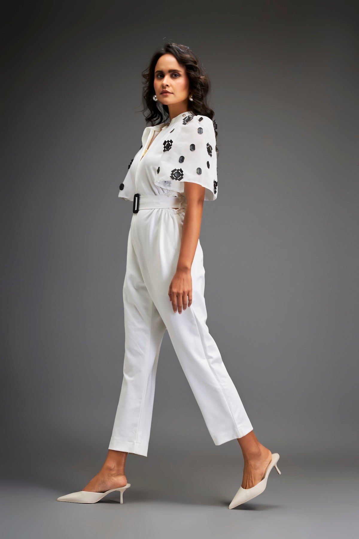 White Embroidered Sleeves Jumpsuit With Belt