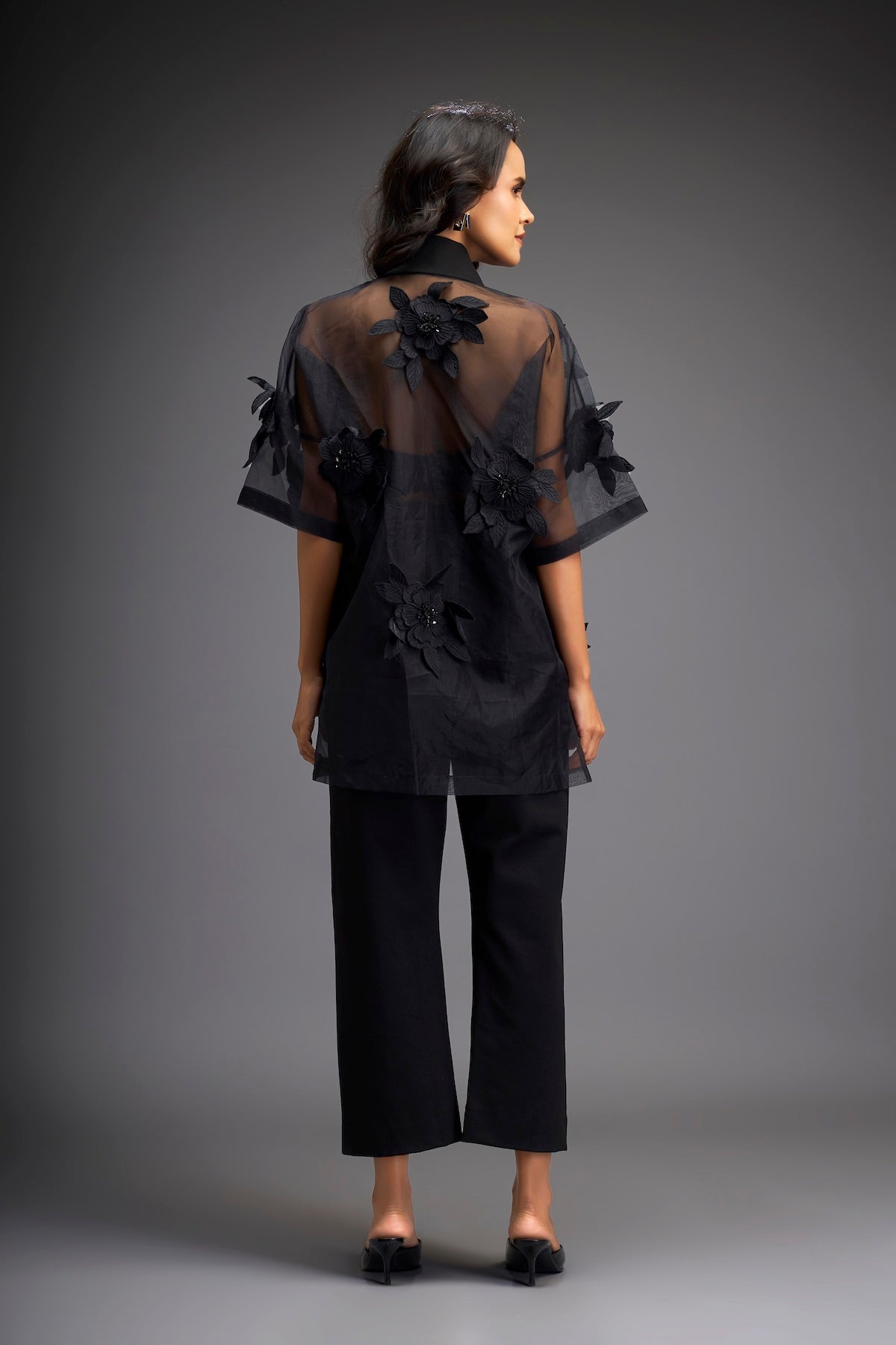 Floral Appliqué High-Low Sheer Top with Tube & Pants