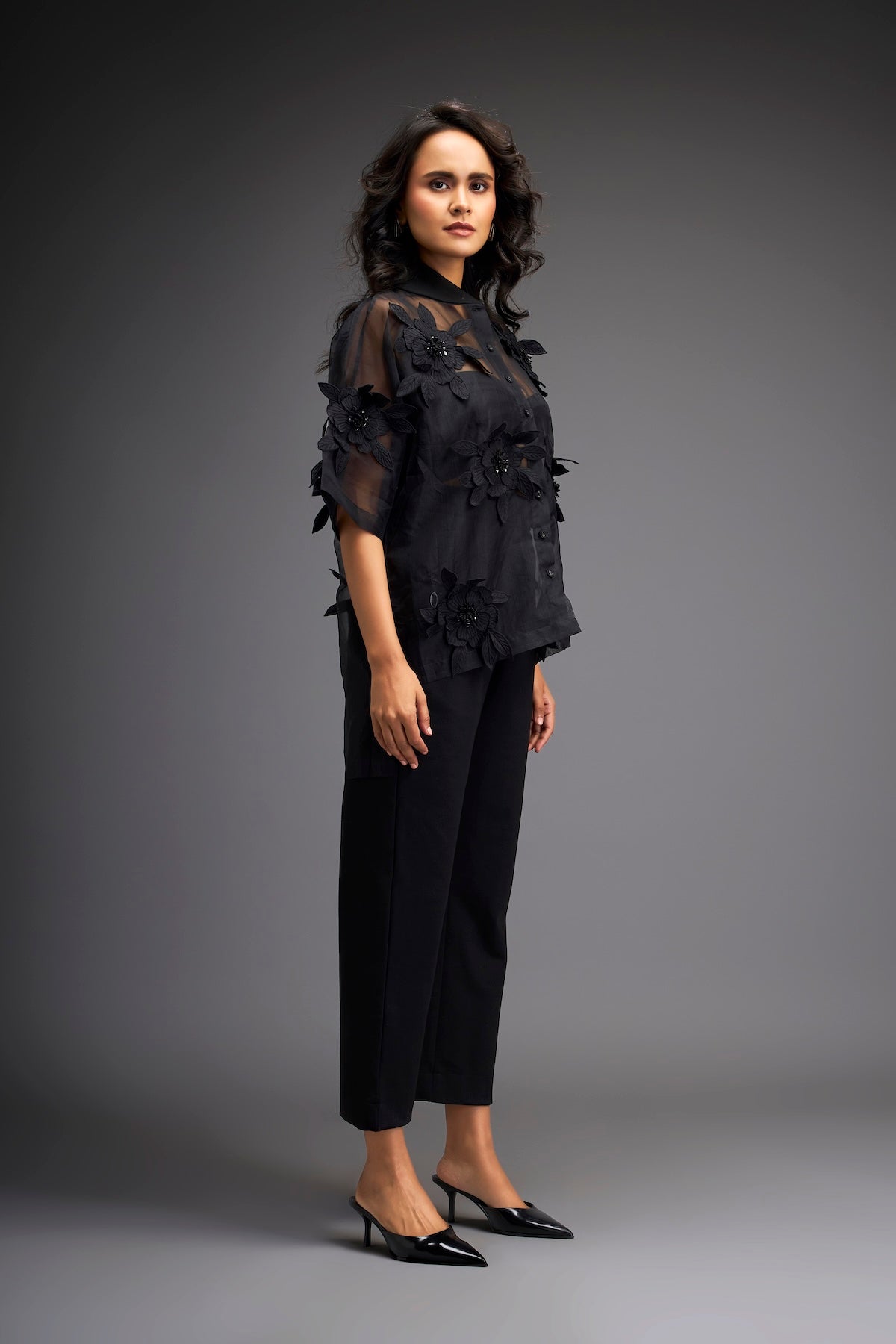 Floral Appliqué High-Low Sheer Top with Tube & Pants