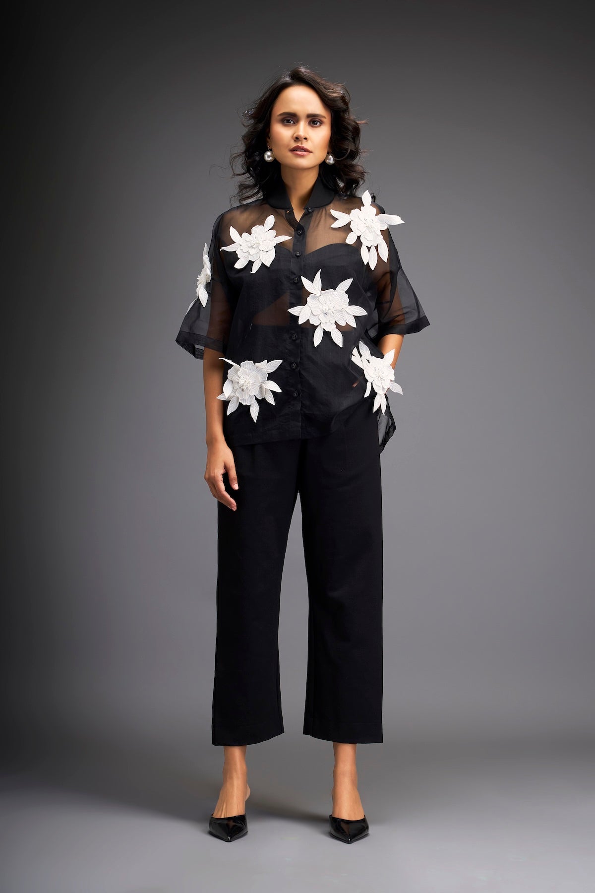 Floral Appliqué High-Low Sheer Top with Tube & Pants