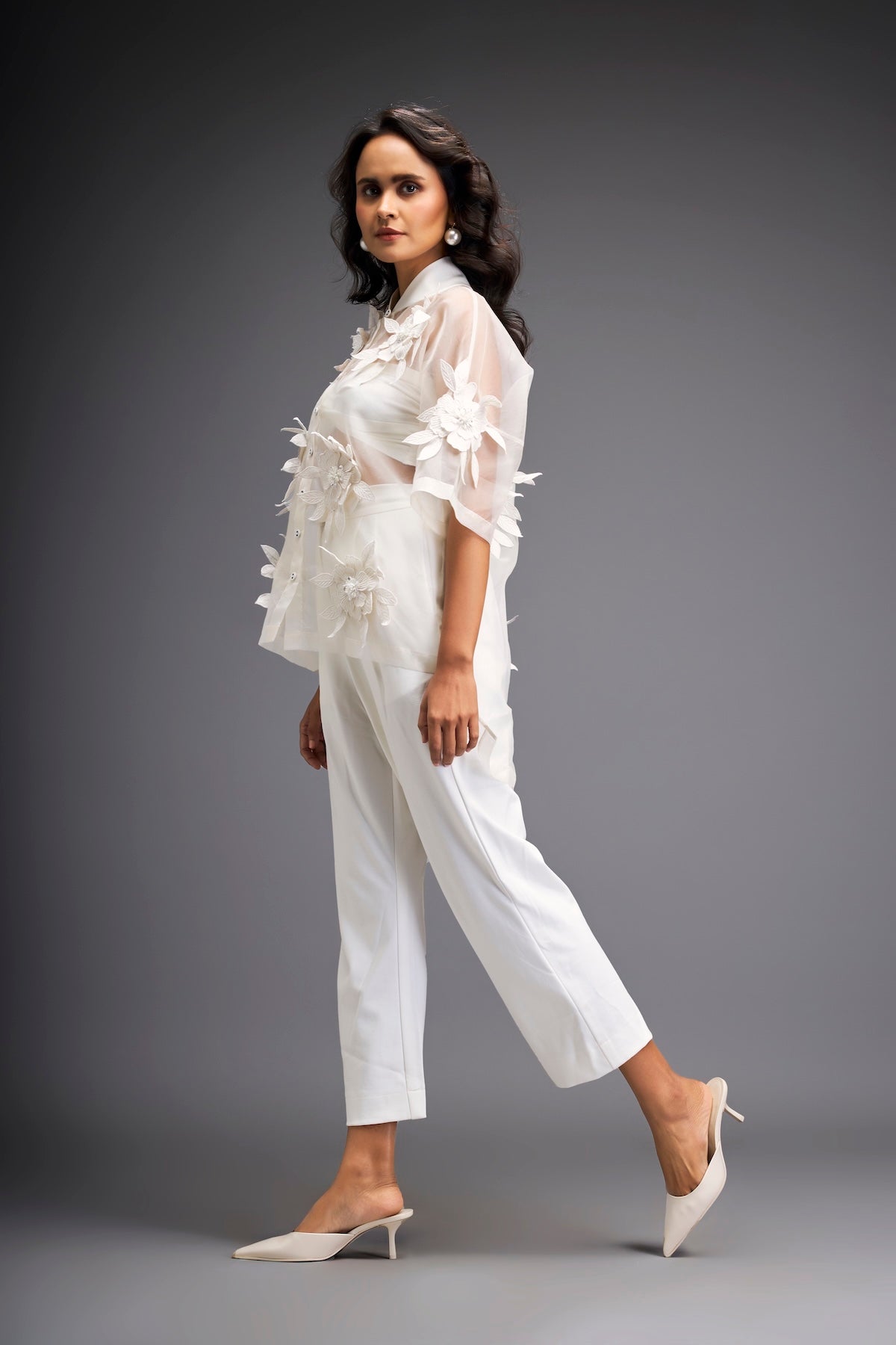 Floral Appliqué High-Low Sheer Top with Tube & Pants